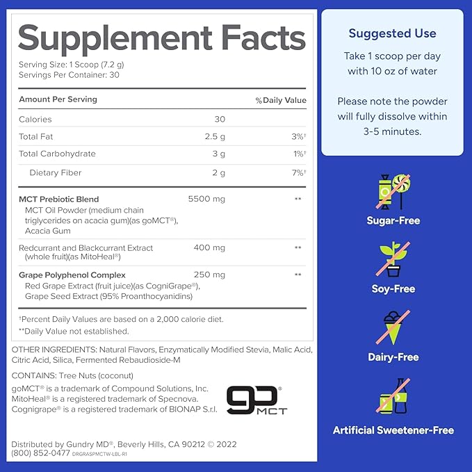 Gundry MD MCT Wellness Powder to Support Energy, Ketone Production and Brain Health, Keto Friendly, Sugar Free (90 Day Supply, Raspberry Medley)