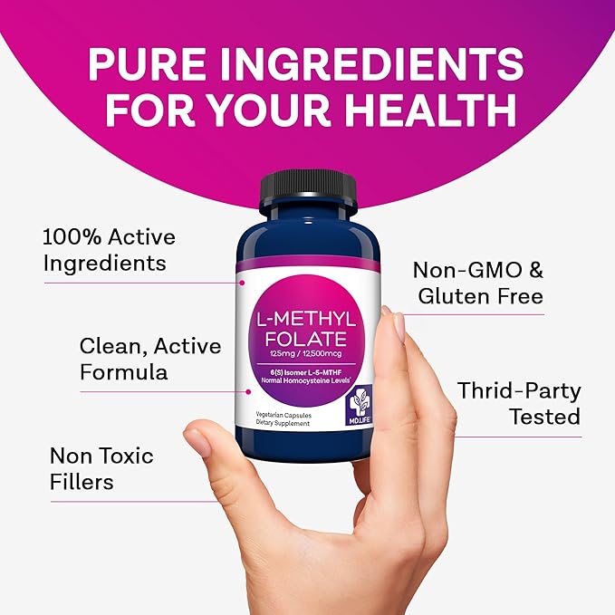 MD Life L-Methylfolate 12.5 mg Supplement - Professional-Grade Active L Methylfolate Supplement - 60 Capsules - L-Methylfolate 12.5mg - Maximum Potency MTHFR W/Essential Amino Acids