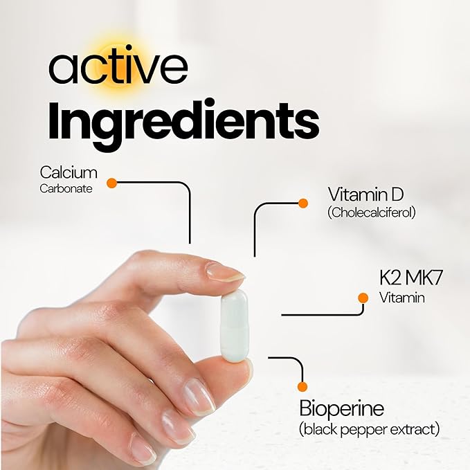Vitamin D3 K2 Calcium Supplement - Vitamin D 5000 IU + Vitamin K2 MK7 100 mcg, Bone Strength & Heart Health Supplements for Women & Men, D3K2 Teeth Vitamins with Bioperine, US-Made Non-GMO 60 Cap