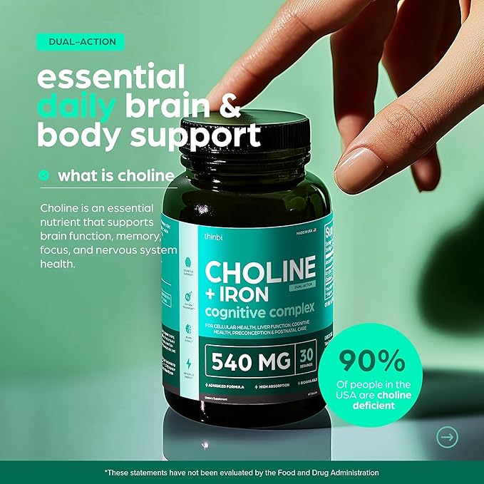 Choline & Iron Prenatal Supplement for women – 500mg Choline + 40mg Iron (Ferrous Fumarate), Choline Supplements for Pregnancy Brain & Memory Support – Cognitive & Metabolic Health, Vegan –30 Servings