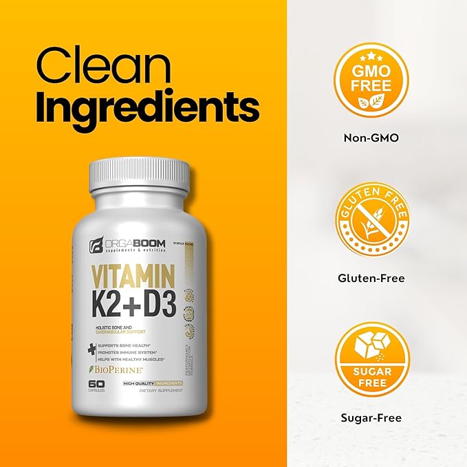 Vitamin D3 K2 Calcium Supplement - Vitamin D 5000 IU + Vitamin K2 MK7 100 mcg, Bone Strength & Heart Health Supplements for Women & Men, D3K2 Teeth Vitamins with Bioperine, US-Made Non-GMO 60 Cap