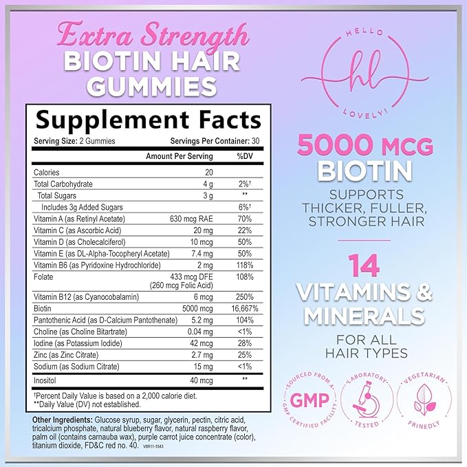 Hair Vitamins Gummies - Biotin 5000 mcg with Vitamin E, C & Zinc, Hair Growth Vitamins for Women & Men - Stronger, Beautiful Hair, Skin & Nails Supplement, Non-GMO & Gluten-Free - 60 Gummy Bears
