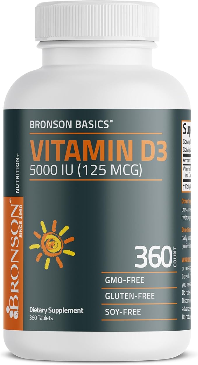 Bronson Vitamin D3 5000iu (125mcg) 1 Year Supply for Healthy Muscle Function and Immune Support, Non-GMO, 360 Tablets