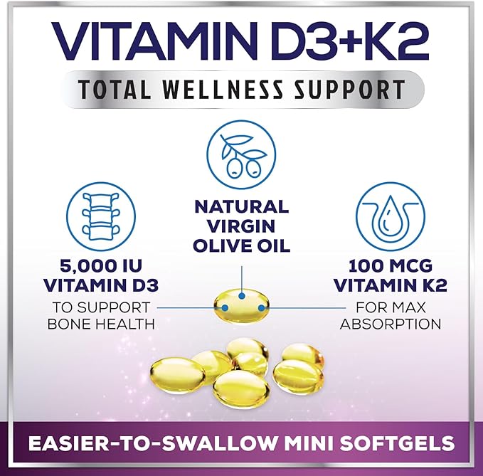 Vitamin D3 K2 - Vitamin D3 (5000 iu) & 100 mcg Vitamin K2 (MK-7) Complex for Immune Support & Bone, Teeth & Muscle Health - Easy to Swallow, Gluten Free, Non-GMO, Bottled in USA - 120 Softgels