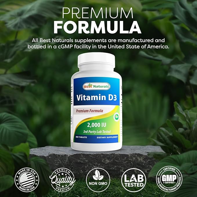 Best Naturals Vitamin D3 2000 IU – 300 Tablets – Made in USA, Non-GMO, Gluten Free, No Artificial Color, Flavor or Preservatives – Dietary Supplement.