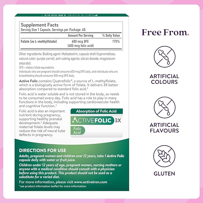 Active Folic 400mcg – L-Methylfolate Folic Acid Supplement – Highly Absorbed, Vegan – Supports Pregnancy, Energy, Tiredness & Fatigue Reduction – 60 Capsules (2-Month Supply)