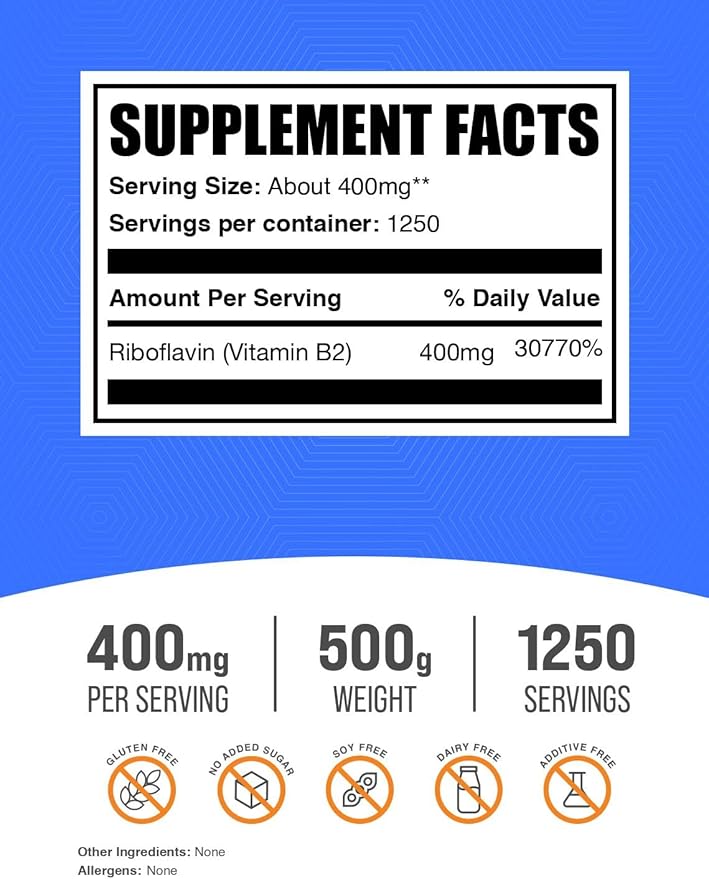 BulkSupplements.com Riboflavin Powder - as Vitamin B2, Vitamin B2 Supplement - Riboflavin 400mg, B Vitamins for Wellness, Gluten Free, 400mg per Serving, 500g (1.1 lbs) (Pack of 1)
