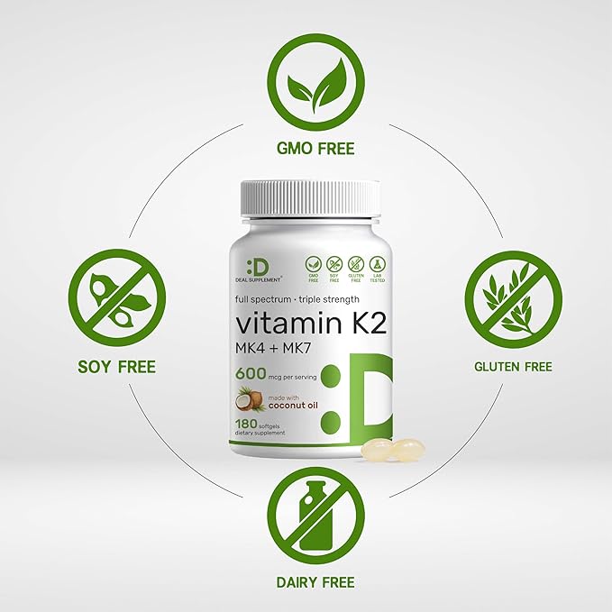 DEAL SUPPLEMENT Vitamin K2 Supplement 600mcg, 180 Coconut Oil Softgels | Full Spectrum High Absorption MK-7 & MK-4 Forms | Bone, Joint, & Immune Support – Non-GMO