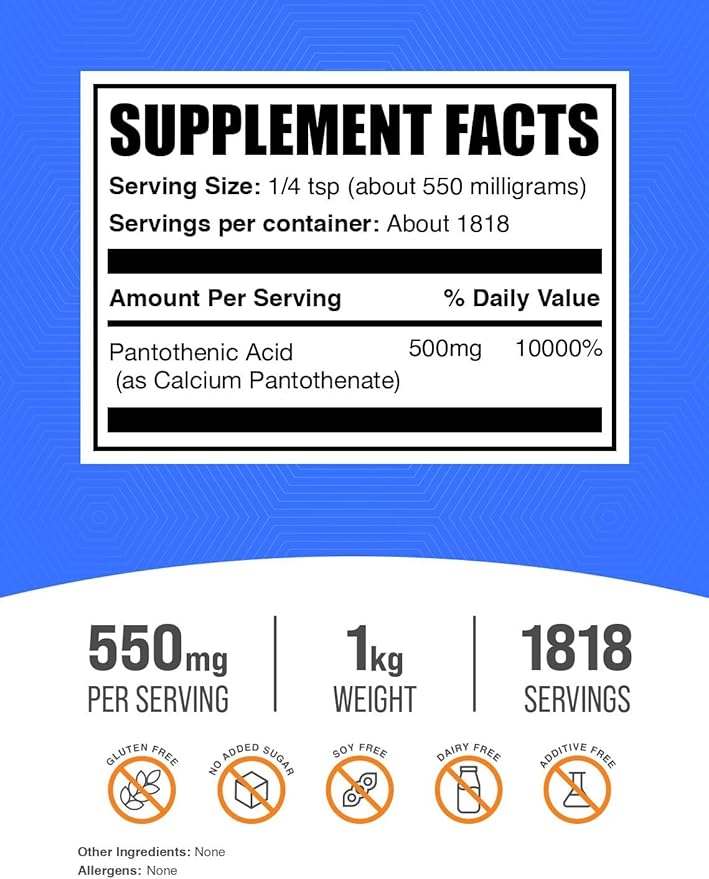 BulkSupplements.com Vitamin B5 Powder - as Calcium Pantothenate, B5 Vitamins - Gluten Free, 500mg of Vitamin B5 Pantothenic Acid per Serving, 1kg (2.2 lbs) (Pack of 1)