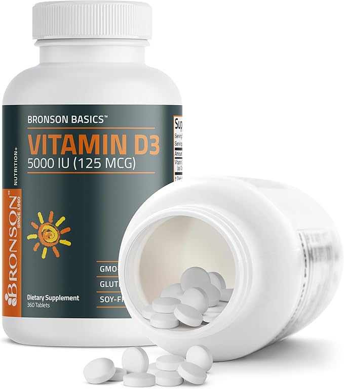 Bronson Vitamin D3 5000iu (125mcg) 1 Year Supply for Healthy Muscle Function and Immune Support, Non-GMO, 360 Tablets