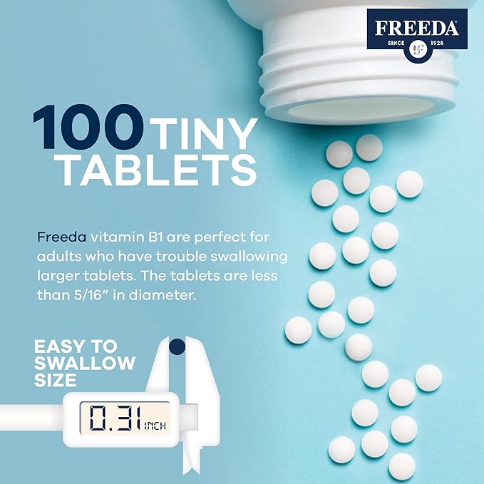 Freeda Vitamin B1 Thiamine 100mg - Supports Energy Metabolism, Nervous System Health - Kosher, Vegan, Gluten Free - Thiamin HCl 100 mg Vitamin B 1 - Pure Vit B1 Vitamin Thiamine B1 Supplement (100 Ct)