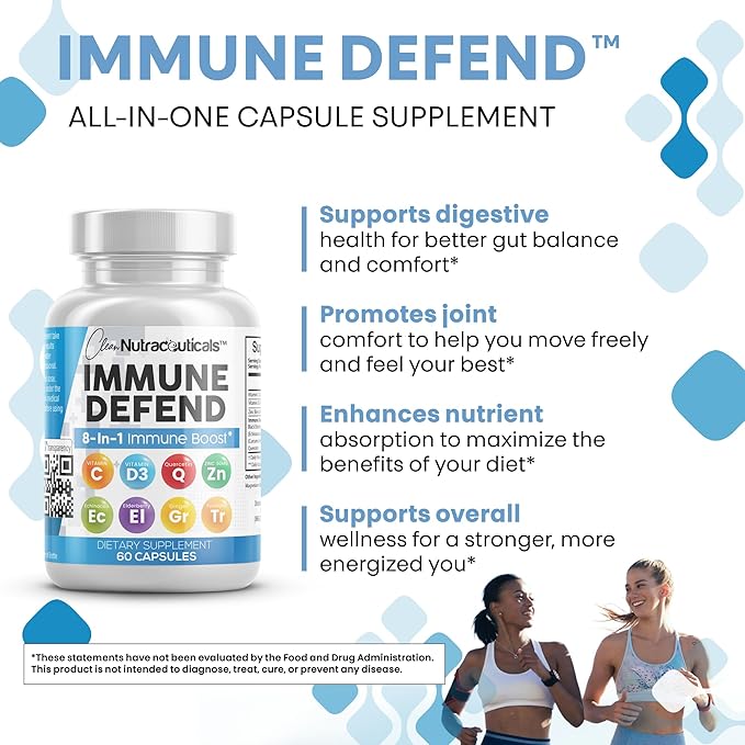 Clean Nutraceuticals Immune Defense Support Supplement 8 in 1 with Zinc 50mg Quercetin, VIT C 1000mg, Vitamin D3 5000 IU, Elderberry, Ginger - Immunity System Booster for Adults, Vegan - 60 Count