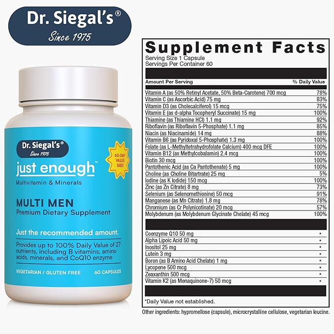 Dr. Siegal's Just Enough Multivitamins for Men - 60 Capsules - 60 Servings Vegetarian Multivitamin for Men Capsules - Men's Daily Multivitamin - Mens Multivitamins & Multi Minerals Supplement