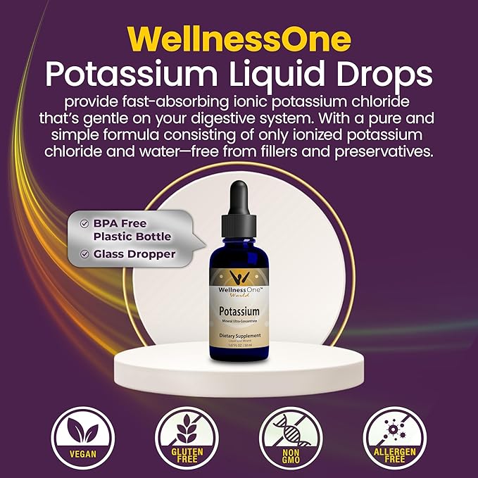 WellnessOne Ionic Potassium Supplement - Potassium Chloride Drops for Fast Absorption - Boost Immune System & Muscle Function - USA Tested, Vegan, Non-GMO, Gluten Free, Unflavored, 1.67 fl oz