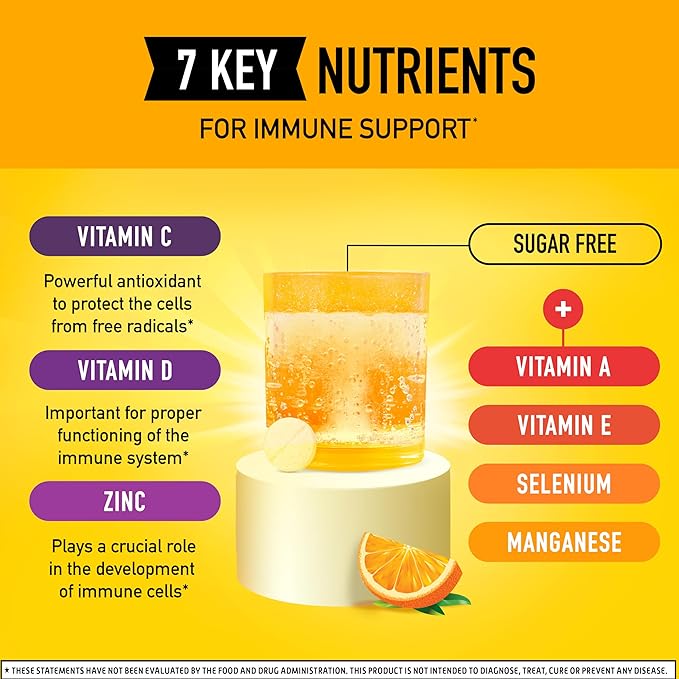 Airborne 1000mg Vitamin C with Vitamin D & Zinc, Sugar Free Multivitamin Immune Support Supplement, Antioxidants Vitamins A C & Vitamin E, 10 Effervescent Tablets, Zesty Orange Flavor