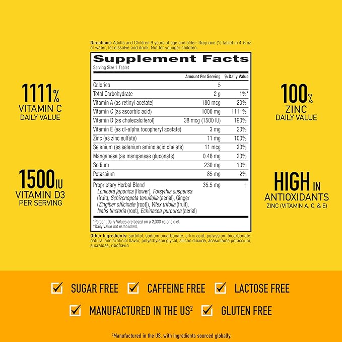Airborne 1000mg Vitamin C with Vitamin D & Zinc, Sugar Free Multivitamin Immune Support Supplement, Antioxidants Vitamins A C & Vitamin E, 10 Effervescent Tablets, Zesty Orange Flavor