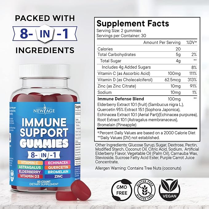 NEW AGE 8 in 1 Immune Support Booster Supplement with Astragalus Root, Vitamin C and Zinc 50mg, Vitamin D 5000 IU, Quercetin & Bromelain (8 in 1 Gummies (Pack of 3))