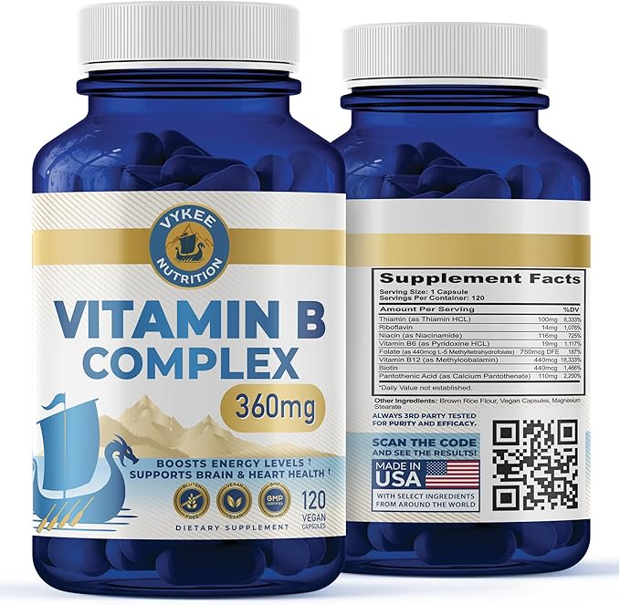 B Complex Supplement – High-Potency B Vitamins with 750mg DFE Folate, 440mcg B12/Biotin | Vegan Non-GMO | Supports Cellular Energy Production & Red Blood Cell Formation | 120 Capsules