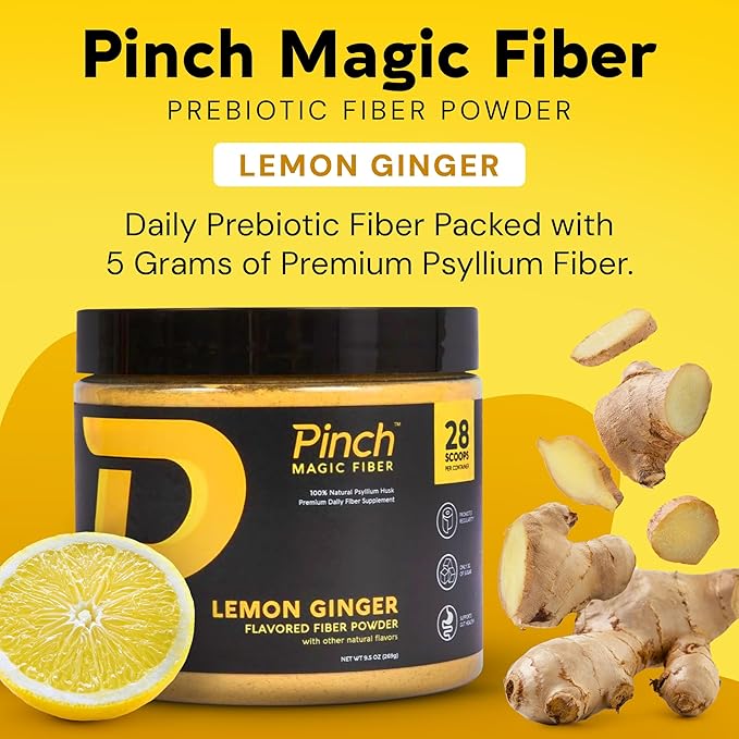 Pinch Magic Sugar Free Fiber Powder – Light Lemon Ginger Psyllium Husk with Bromelain & Vitamins C & D – Vegan, Gluten-Free, Clean Label, USA-Made, GMP-Certified – 28-Day Supply