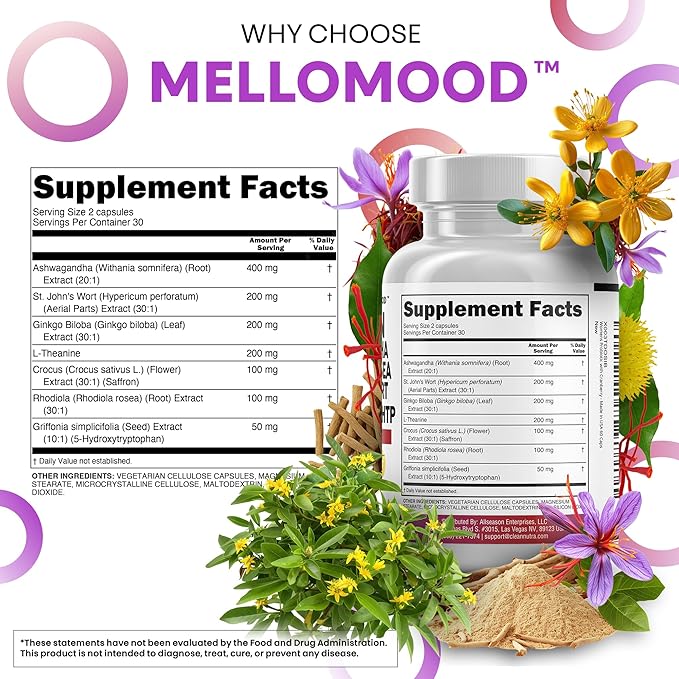 Clean Nutraceuticals Saffron Supplements Extract 100mg + Ashwagandha L-Theanine 200mg - Mood Support Ginkgo Biloba, St. John's Wort, Rhodiola Rosea & 5-HTP Capsules Pills Men Women