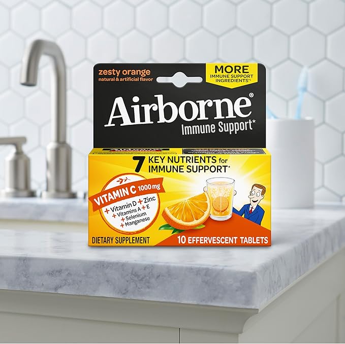 Airborne 1000mg Vitamin C with Vitamin D & Zinc, Sugar Free Multivitamin Immune Support Supplement, Antioxidants Vitamins A C & Vitamin E, 10 Effervescent Tablets, Zesty Orange Flavor