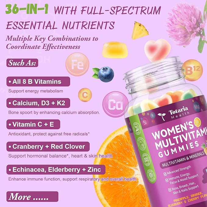 Sugar Free Womens Multivitamin Gummies with Iron, Women's Multivitamin w/Vitamins C, D3 K2, B12, B6, Filled Gummies for Daily Nutritional Support| Immune Support| Skin Health, Mixed Flavors, 60 Cts