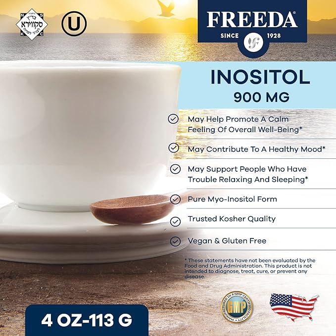 FREEDA Pure Myo-Inositol Powder – Vitamin B8 for Hormone Balance, Fertility & Mood Support – PCOS & Ovarian Health Supplement – Vegan, Kosher, Gluten-Free, Unflavored, Made in USA – 4 oz
