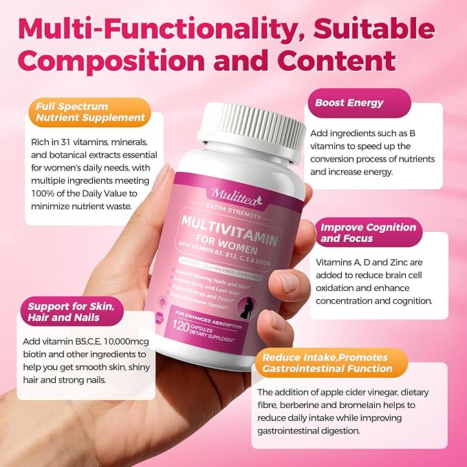 Multivitamin for Women - 18+ Daily Women Multivitamin w/Biotin 10000mcg, Vitamin A, C, D, E & More for Hair, Skin and Nails - Methylated B9,B12 for Energy & Focus -120 CT