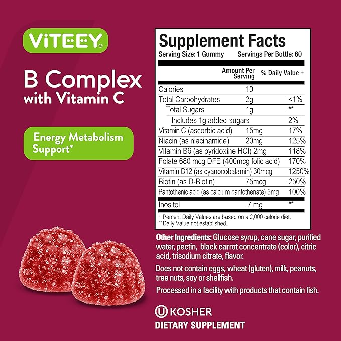 Viteey Vitamin B Complex Gummies with Vitamin C - Energy, Metabolism & Immune Support - B6, B12, Niacin, Folic Acid, Biotin, Calcium - Vegan, Gluten-Free - 120 Count