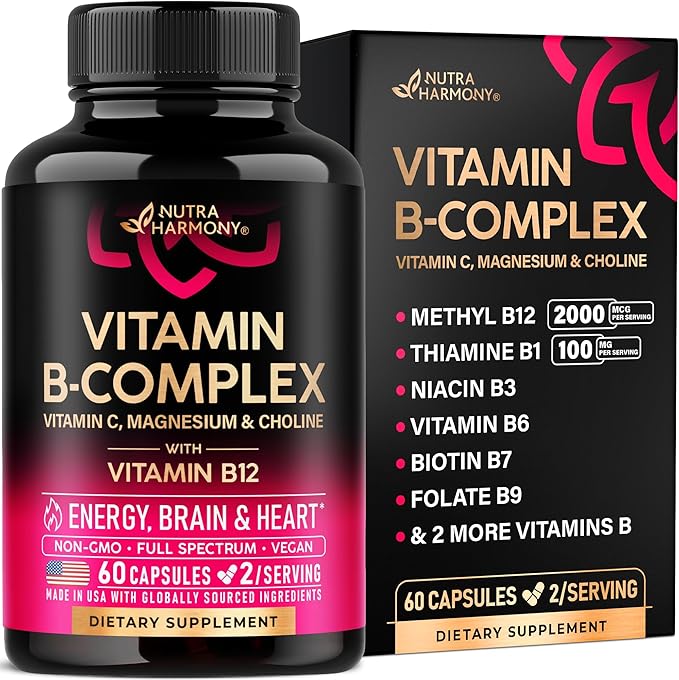 Vitamin B Complex for Men & Women - Riboflavin B2, B12, B1, B3, B5, B6, B7, B8, B9 | Vitamin C, Choline, Inositol - B-Complex Supplement - Energy, Brain & Heart Support - Made in USA, 60 Vegan Caps
