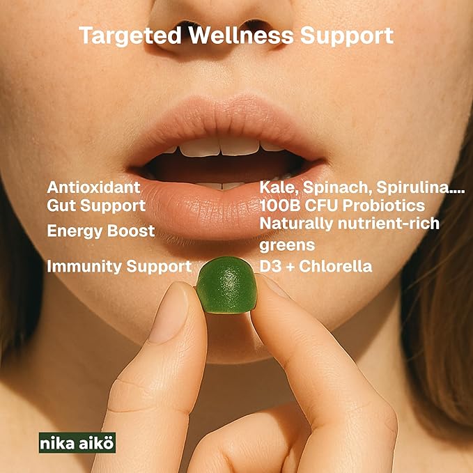 Greens Superfood Gummies, Boost Energy, Gut & Immune Support, Sugar-Free, Vegan with Broccoli, Spinach, Kale, Spirulina, Chlorella, Probiotics & Multivitamin, Apple Flavor, 60 Count