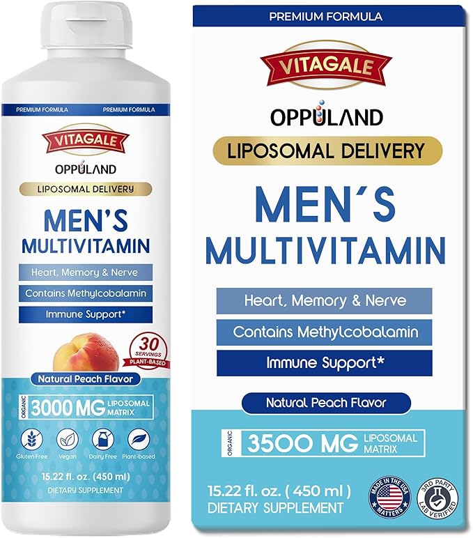 Men's Multivitamin - Liquid Supplement - Liposomal Delivery - Daily Multi Vitamin with Biotin B Complex Omega-3 - Hair & Nail Support Vitamin - Peach Flavor - 3000 mg per Serving - 450 mL