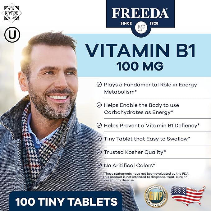 Freeda Vitamin B1 Thiamine 100mg - Supports Energy Metabolism, Nervous System Health - Kosher, Vegan, Gluten Free - Thiamin HCl 100 mg Vitamin B 1 - Pure Vit B1 Vitamin Thiamine B1 Supplement (100 Ct)