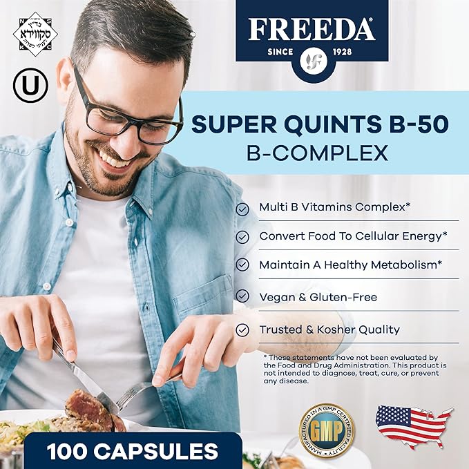 FREEDA High Potency Super B-Complex – B1, B2, B3, B5, B6, Biotin, Folic Acid & B12 – Energy, Mood & Nervous System Support – Vegan, Kosher, Gluten-Free – 250 Capsules