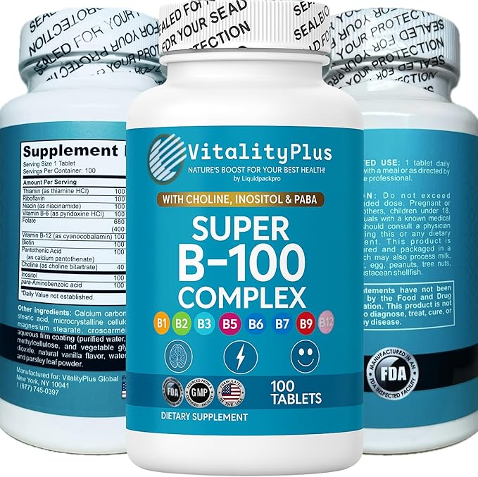 Super B-100 Complex – All B Vitamins Including B12, B1, B2, B3, B5, B6, B7, B9, Folate – High Potency B-Vitamins with Choline, Inositol & PABA – Energy & Metabolism Support – 100 Tablets