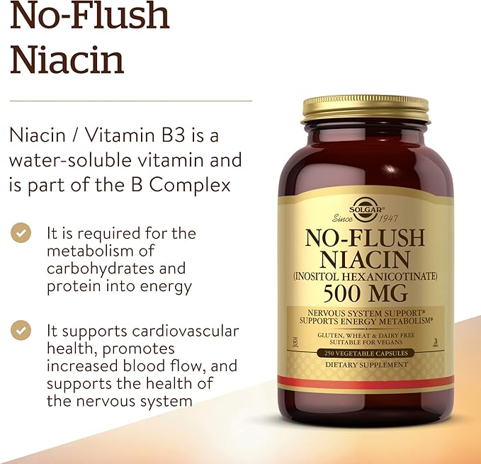 Solgar No-Flush Niacin 500 mg, 250 Vegetable Capsules - Supports Energy Metabolism - No-Flush Delivery - Vegan, Gluten Free, Dairy Free, Kosher - 250 Servings