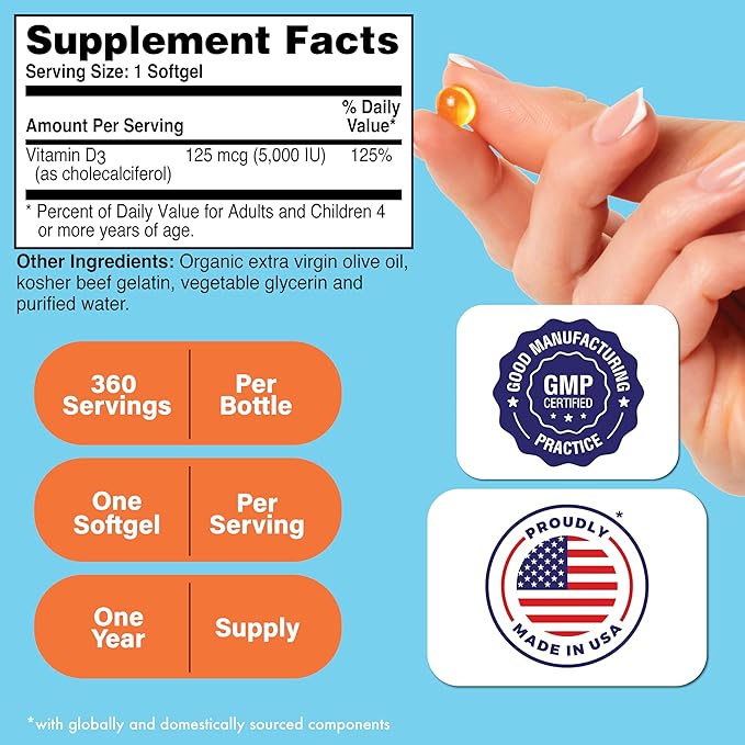 Health Thru Nutrition Vitamin D3 5,000iu 360 Mini Softgels for Maximum Benefit Year Supply | 125mcg Cholecalciferol | 3rd Party Tested | Non-GMO USP Grade in Organic EVOO | Immune Health Support