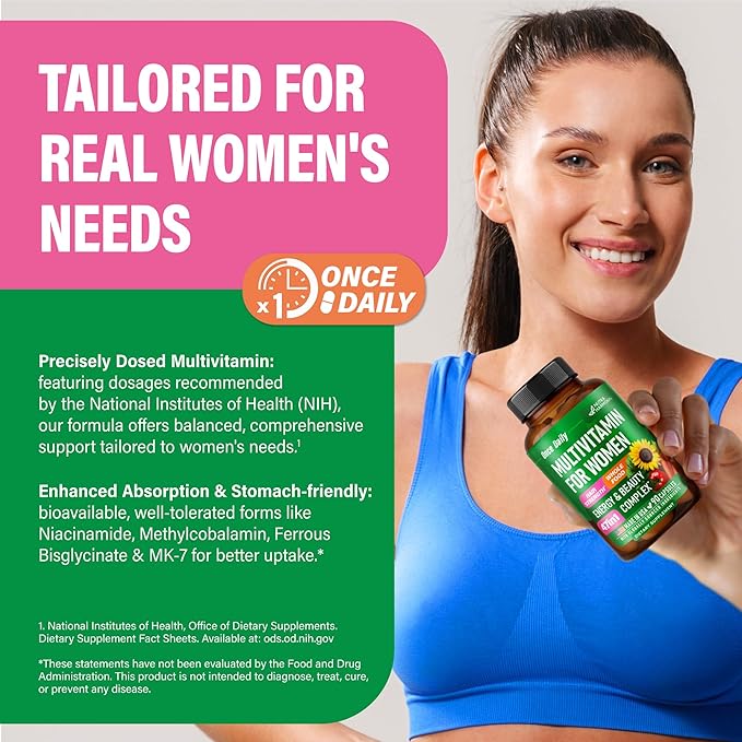 Multivitamin for Women - B-Complex | Whole Foods | Hair Growth Support | Digestion & Metabolism | Iron - 47in1 Womens Multivitamin - Bioavailable & Gentle on Stomach - Made in USA - 90 Capsules