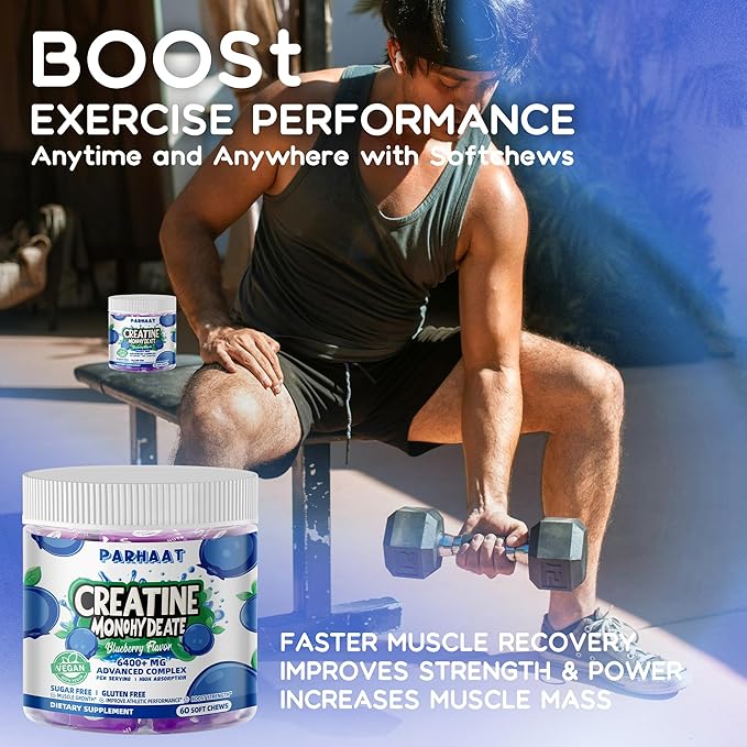 Creatine Monohydrate Chews Complex 6400mg for Men & Women -Advanced Formula W/L-Taurine + Vitamin B12, Sugar Free Chewable Supplement,60 Blueberry Softchews