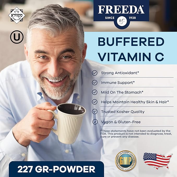 FREEDA Buffered Vitamin C Powder (Calcium Ascorbate) – Non-Acidic, Stomach-Friendly Vitamin C for Sensitive Individuals – Vegan, Kosher, Sugar-Free Immune Support – 8 oz