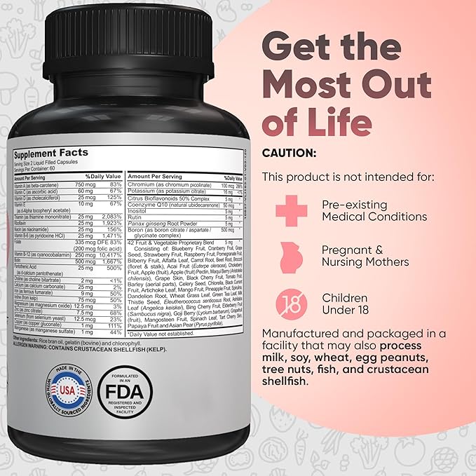 Bariatric Multivitamin with Iron - Easy-to-Swallow Capsule for Post Bariatric Surgery - Post Sleeve and Post Bypass with 42 Fruit & Veggies Blend - 60 Liquid Capsules