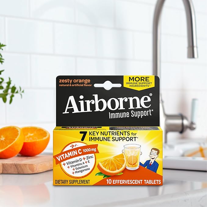 Airborne 1000mg Vitamin C with Vitamin D & Zinc, Sugar Free Multivitamin Immune Support Supplement, Antioxidants Vitamins A C & Vitamin E, 10 Effervescent Tablets, Zesty Orange Flavor