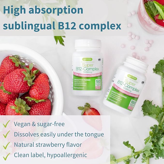 Igennus Sublingual Vitamin B12 Complex 1000mcg, Methylated Methylcobalamin, Adenosylcobalamin & Hydroxocobalamin, High Absorption & Clean, 180 Servings, Sugar-Free & Vegan