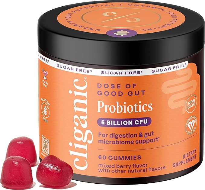 Cliganic Sugar-Free Probiotics Gummies for Men & Women (5 Billion CFU, 60-Day Supply) - Berry Flavor, Vegan, Non-GMO, Kosher, Gluten-Free, Promotes Digestive Health, Balances Gut Microbiome