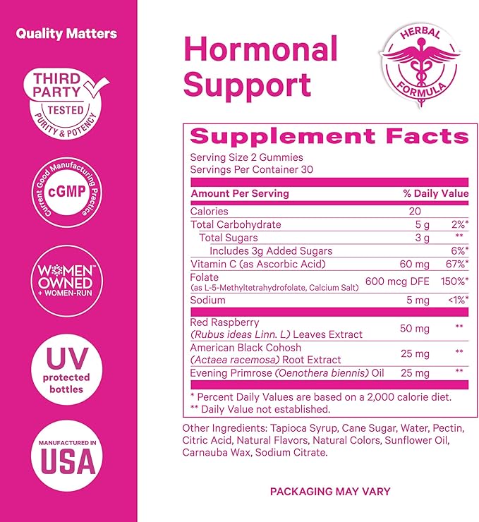 Pink Stork Hormone Balance Gummies for Women – PMS, Menopause & Estrogen Support – Mood, Bloating, Hot Flashes & Energy – Red Raspberry Leaf, Black Cohosh, Primrose – 60 Vegan Gummies