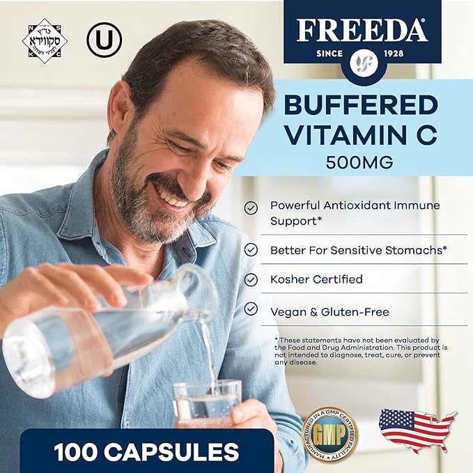 FREEDA Buffered Vitamin C 500mg – Non-Acidic Calcium Ascorbate – Immune Support & Antioxidant – Kosher, Gentle on Stomach – 100 Capsules