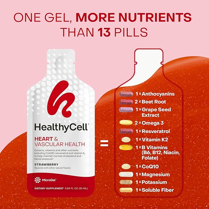 Healthycell Heart & Vascular Health Daily Liquid Supplement - Blood Pressure & Cholesterol Support with Beet Root Powder, Resveratrol, CoQ10, Omega-3 & Vitamin K - 30 Gel Packs