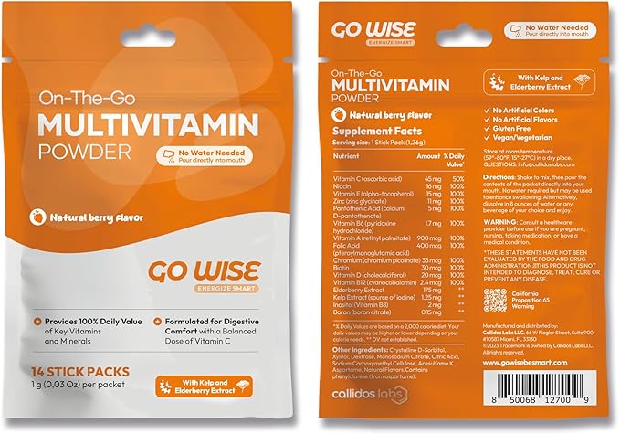 Go Wise On The Go Multivitamin Powder - Natural Berry Flavor - 14 Convenient Stick Packs - Portable Vitamin Supplement for Travel, Daily Nutrition, Energy and Immune Support for Men and Women