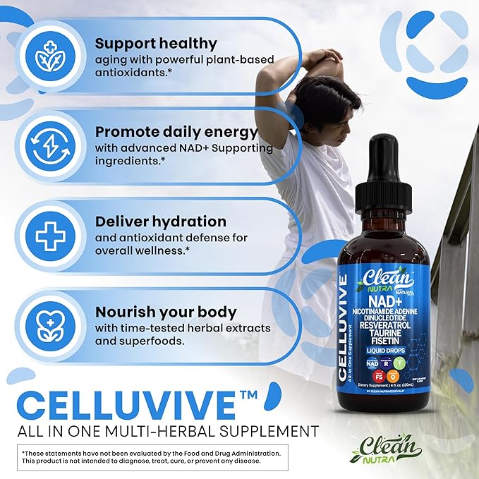 Clean Nutra NAD Liquid Supplement Drops Resveratrol Polyphenols Liposomal Taurine Fisetin Grape Seed Extract Japanese Knotweed Fo Ti Anti Aging NAD+ Nicotinamide Adenine Dinucleotide for Women & Men