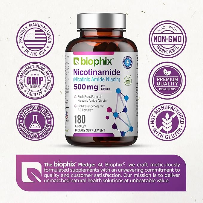 biophix B-3 Nicotinamide 500 mg 180 Caps 2 Pack - Nicotinic Amide Niacin Natural Flush-Free Vitamin Formula - Supports Skin Cell Health
